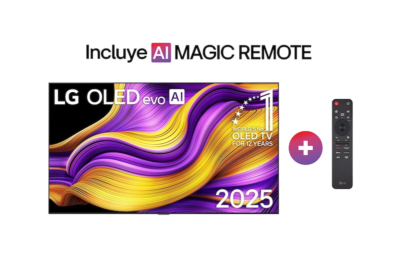 Front view of LG OLED evo AI G5 4K Smart TV. 12 Years of world number 1 OLED emblem and LG OLED evo AI 2025 logo are on the screen.